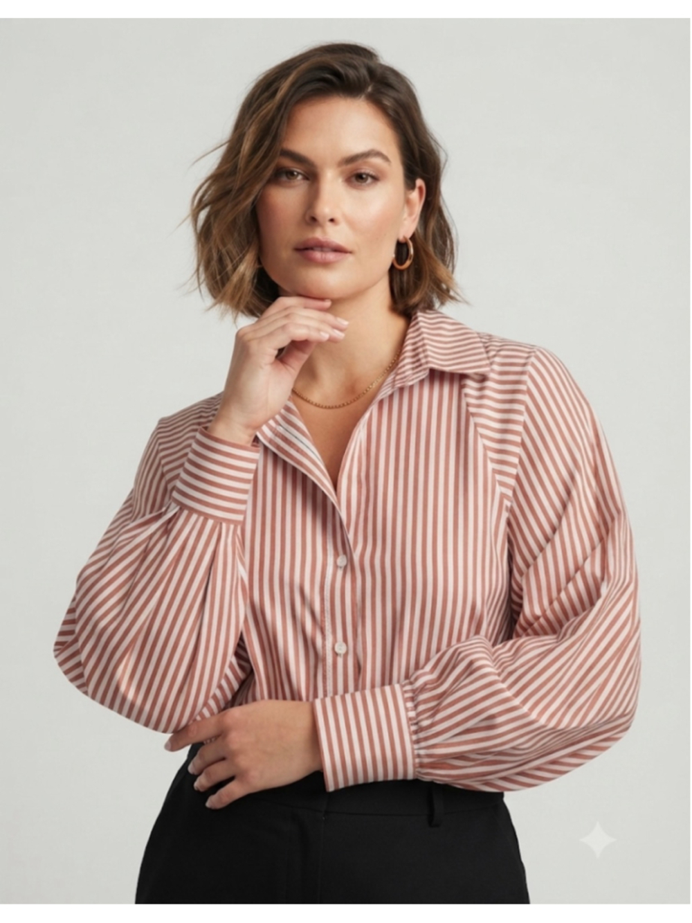Grace + Karma Striped Button Down Shirt, XL, Muted Red and White